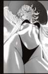  1girl absurdres bikini breasts commentary curly_hair english_commentary from_below greyscale hat highres looking_at_viewer messy_hair monochrome mostlybluewyatt navel one-punch_man see-through_clothes see-through_shirt shirt small_breasts solo string_bikini sun_hat swimsuit tatsumaki 