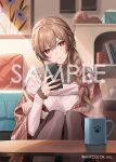  1girl alternate_costume black_pantyhose blush bow braid brown_hair commentary_request copyright_name cup cushion dolustoy furen_e_lustario hair_between_eyes hair_bow holding holding_phone indoors jewelry knees_up long_hair long_sleeves looking_at_viewer nail_polish nijisanji official_art pantyhose phone pink_nails polka_dot pout red_eyes ring sample_watermark see-through_clothes shelf shirt side_braid sidelocks sitting solo stuffed_animal stuffed_toy table virtual_youtuber watermark white_shirt wrapped_in_blanket 