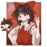  1girl ascot bow brown_hair chibi chibi_inset closed_mouth clover_(clover11_40) commentary derivative_work detached_sleeves embodiment_of_scarlet_devil hair_bow hair_tubes hakurei_reimu long_hair looking_at_viewer official_alternate_costume official_art_redraw red_ascot red_bow red_eyes ribbon-trimmed_sleeves ribbon_trim solo sprite_redraw touhou upper_body zun_pose 