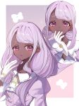  1girl absurdres alternate_costume blush closed_mouth commentary_request dark-skinned_female dark_skin dress gloves hair_bun highres jacinthe_(pokemon) juliet_sleeves long_hair long_sleeves looking_at_viewer nii_(marimo_416) parted_lips pokemon pokemon_legends:_z-a puffy_sleeves purple_dress purple_eyes purple_hair smile very_dark_skin white_gloves 