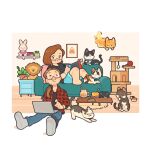  1boy 1girl animal_collar at_computer barefoot beard_stubble black_shirt blonde_hair blue_shorts bob_cut book book_stack border bracelet brown_eyes brown_hair cat cat_stretch cat_teaser cat_tower closed_mouth coffee_mug coffee_table collar collared_shirt commission computer controller couch couple cup curtained_hair denim drawer english_commentary eye_contact facial_hair flying_animal forehead game_controller ghost grey_socks handheld_game_console hetero highres holding holding_handheld_game_console ice ice_cube indoors jeans jewelry knees_up laptop licking licking_hand living_room long_hair long_sleeves looking_at_another low_side_ponytail lying mug nintendo_switch object_on_lap on_couch on_floor open_clothes open_shirt orange_cat outside_border outstretched_legs pants parted_hair pink_pillow plaid_clothes plaid_shirt plant portrait_(object) potted_plant real_life red_shirt rug semi-rimless_eyewear shirt shirt_under_shirt short_eyebrows shorts side_ponytail sitting smile socks spoon stretching stubble stuffed_animal stuffed_lion stuffed_rabbit stuffed_toy swept_bangs tabby_cat table tareme teeth torbie_cat tortico_cat toy_food tuxedo_cat under-rim_eyewear walayssa wall_shelf white_border wooden_floor wooden_table yarn 