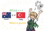  1girl 2026_fifa_world_cup australian_flag badge blonde_hair blue_necktie blue_skirt braid braided_bangs braided_bun cape closed_eyes commentary_request constellation constellation_print cowboy_shot crescent crux_(constellation) dress_shirt english_text green_cape green_vest hair_bun kantai_collection koala long_hair necktie perth_(kancolle) plaid_clothes plaid_skirt pleated_skirt school_uniform score shirt short_sleeves simple_background skirt smile star_and_crescent suda_(yuunagi_enikki) throwing turkish_flag vest white_background white_shirt world_cup 