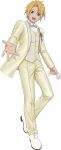  1boy :d artist_request blonde_hair blue_bow blue_bowtie bow bowtie brown_eyes buttons chain coat cress_albane cress_albane_(wedding) full_body game_asset gloves highres holding holding_gloves holding_unworn_clothes looking_at_viewer male_focus official_alternate_costume official_art open_mouth pants reaching reaching_towards_viewer shirt shoes short_hair simple_background smile solo standing striped_clothes striped_shirt tales_of_(series) tales_of_asteria tales_of_phantasia third-party_source transparent_background tuxedo unicorn unworn_gloves white_shoes yellow_pants yellow_shirt 