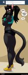  2017 anthro athletic black_fur black_hair blush breasts cat chalo clothed clothing feline female fur hair las_lindas looking_at_viewer mammal rachael_saleigh simple_background smile solo text yellow_eyes 