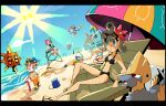  2girls 6+boys :o abs ahoge aipom alternate_costume aqua_eyes aquarella_(pokemon) arm_tattoo avery_(pokemon_trozei!) ball baron_phobos_(pokemon) beach beach_umbrella beard bikini black_bikini black_one-piece_swimsuit black_sandals black_sclera blue-tinted_eyewear blue_flower blue_hat blue_sky boolum_(pokemon) bracelet breasts brown_eyes brown_hair brown_hat bucket buzz_(pokemon) cane chair cloud colored_sclera commentary_request crocs cup curly_hair day drink drinking_straw earrings eyelashes facial_hair fangs flippers flower food fruit glass goggles green_shoes grock_(pokemon) hair_flower hair_ornament hair_over_one_eye hat hat_flower hawaiian_shirt heart_scale highres holding holding_cane holding_cup holding_drink inflatable_armbands jewelry kicking lemon lemon_slice letterboxed lifebuoy lifeguard_chair lucy_fleetfoot_(pokemon) lying male_swimwear manectric midair mixed-language_commentary mohawk motion_lines multiple_boys multiple_girls muscular muscular_male mustache narrowed_eyes navel old old_man on_stomach one-piece_swimsuit open_mouth orange_shorts outdoors palm_tree pink_flower pink_hair pokemon pokemon_(creature) pokemon_trozei! professor_p_(pokemon) ragou2niko red_eyes red_hair sand sandals shirt shoes short_hair short_sleeves shorts sitting sky solrock stomach sun sweatdrop swim_ring swimsuit tall_hair tattoo teeth thick_eyebrows tinted_eyewear tree umbrella upper_teeth_only variant_set volleyball_(object) volleyball_(sport) volleyball_net water white-framed_eyewear white_hair 