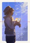  1girl absurdres bird blue_skirt blue_sky border breasts brown_hair brown_hat brown_jacket cloud cloudy_sky commentary_request curly_hair danganronpa:_despair_time dark-skinned_female dark_skin expressionless from_side grid hat highres holding holding_notebook holding_paintbrush jacket large_breasts long_sleeves looking_ahead medium_hair newsboy_cap nine0nana notebook paintbrush pleated_skirt rose_lacroix shirt skirt sky sleeveless sleeveless_jacket solo string string_of_fate white_bird white_border white_shirt 