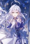  1girl :d artist_name bare_shoulders bracelet commentary dress earrings floating_hair gloves green_eyes hair_between_eyes hair_intakes halo hana_(nemukunai87) hand_on_own_chest head_wings highres honkai:_star_rail honkai_(series) jewelry long_hair looking_at_viewer open_mouth pearl_bracelet robin_(honkai:_star_rail) smile solo star_(symbol) star_earrings twitter_username watermark white_dress white_gloves white_hair white_wings wings 