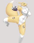  abs anthro areola armpits big_breasts black_sclera breasts digimon edit female fur green_eyes japanese_text mammal misago nipples nude open_mouth pussy renamon simple_background text tuft white_fur yellow_fur 