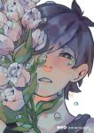  1boy absurdres antenna_hair artist_name black_eyes black_hair commentary english_commentary flower highres looking_at_viewer male_focus omori open_mouth portrait_(object) sharpreria short_hair simple_background solo sunny_(omori) teeth white_background 