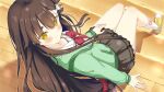  1girl \||/ absurdres arm_at_side black_skirt blunt_bangs blush bow bowtie brown_hair closed_mouth commentary cross-laced_shoes dutch_angle eyes_visible_through_hair foreshortening frilled_skirt frills from_side full_body green_jacket hair_between_eyes hair_bow hair_ornament hair_scrunchie hand_on_own_thigh highres jacket karuru634 kneehighs knees_together_feet_apart long_hair long_sleeves looking_at_viewer low-tied_long_hair miniskirt open_clothes open_jacket outdoors pleated_skirt pom_pom_(clothes) red_bow red_bowtie red_scrunchie sailor_collar sakura_moyu school_uniform scrunchie serafuku shirt shoes short_eyebrows sidelocks sitting sitting_on_stairs skirt smile sneakers socks solo split_mouth stairs sunset thick_eyebrows thighs very_long_hair white_bow white_sailor_collar white_shirt white_socks yellow_eyes yellow_shoes yorutsuki_hiori 