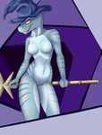  anthro breasts derangedrake dragon featureless_breasts female grin headwear holding_object looking_at_viewer magic_user midriff nude scalie smile solo staff 
