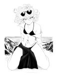  1girl absurdres bikini black_bikini breasts commentary english_commentary eyebrows_hidden_by_hair full_body greyscale hehevich highres kneeling monochrome navel ocean off_shoulder one-punch_man petite small_breasts smile solo sunglasses swimsuit tatsumaki thick_eyebrows 