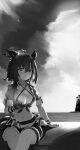  1girl absurdres agnes_tachyon_(lunatic_lab)_(umamusume) agnes_tachyon_(umamusume) ahoge animal_ears armband belt bikini black_belt blush breasts cleavage closed_mouth cloud collarbone commentary_request criss-cross_halter daikon ear_ornament ear_ribbon flask fur-trimmed_shorts fur_trim gloves greyscale hair_between_eyes halterneck highres horse_ears horse_girl horse_tail large_breasts light_smile lighthouse monochrome navel ocean radish ribbon round-bottom_flask shirt short_hair short_shorts shorts single_glove sitting sleeves_rolled_up solo steaming_body sweat swimsuit tail tied_shirt tom_zheng umamusume variant_set 