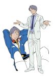  1boy age_progression aqua_hair business_suit collared_shirt commentary_request earth_federation earth_federation_space_forces formal_clothes gundam gundam_pulitzer highres jacket kai_shiden male_focus mobile_suit_gundam mobile_suit_gundam_the_origin necktie pant_suit pants shirt solo suit zeta_gundam zizi_(azusako3) 