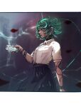  1girl absurdres arm_tattoo black_skirt blurry blurry_background bracelet breasts can commentary cowboy_shot ear_piercing earrings facial_tattoo green_eyes green_hair green_lips hehevich high-waist_skirt highres holding holding_can jewelry monster_energy neck_tattoo one-punch_man piercing shirt short_hair skirt small_breasts solo tatsumaki tattoo white_shirt 