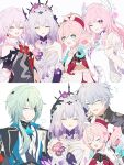  2boys 4girls anaxa_(honkai:_star_rail) ascot beret black_tiara blue_hair border bow breasts bright_pupils castorice_(honkai:_star_rail) clothing_cutout commentary cyrene_(demiurge)_(honkai:_star_rail) cyrene_(honkai:_star_rail) detached_sleeves doodle_inset dress drill_hair evernight_(honkai:_star_rail) flower gloves gradient_hair green_hair group_hug hair_between_eyes hair_flower hair_ornament happy hat headpat heart highres honkai:_star_rail honkai_(series) hug hyacine_(honkai:_star_rail) jacket ki_ii37 layered_dress low_ponytail march_7th_(honkai:_star_rail) multicolored_hair multiple_boys multiple_girls phainon_(honkai:_star_rail) pink_hair pointy_ears ponytail purple_hair red_dress shirt short_hair sparkling_eyes star_(symbol) tiara twin_drills untranslatable_commentary v white_dress white_hair 