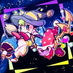  blue_eyes blue_hat blue_helmet blush bright_pupils broom cape clenched_teeth closed_mouth commentary_request gryll_(kirby) hat helmet jester_cap kirby_(series) magolor marx_(kirby) marx_(true_form)_(kirby) mask mr._star nise_dorothia no_humans outline pepper_(kirby) purple_hat red_hat salt_(kirby) shoes smile star_(sky) starry_sky_background striped_clothes striped_headwear sugar_(kirby) teeth two-tone_hat white_cape white_outline white_pupils white_shoes witch_hat 