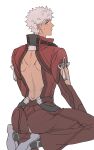  1boy 6u6pen archer_(fate) archer_(honkai:_star_rail)_(fate) back blush clothing_cutout commentary_request dark-skinned_male dark_skin fate/stay_night fate_(series) full_body grey_eyes highres honkai:_star_rail honkai_(series) jacket korean_commentary looking_at_viewer male_focus profile shoes short_hair simple_background sitting solo sweatdrop waist_cape white_background white_hair 