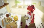 >_< 1girl absurdres apron baking bandaged_arm bandages berrycrepe black_bow black_gloves black_hairband bow bowl butter commentary egg english_commentary fingerless_gloves food gloves hair_between_eyes hair_bow hair_ornament hairband highres holding holding_whisk indie_virtual_youtuber kitchen long_hair milk ponytail purple_eyes red_hair rifu002 solo squid_girl tentacle_hair trash_can virtual_youtuber whisk white_apron window x_hair_ornament 