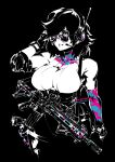  1girl andyface ar-15 artist_name assault_rifle belt_pouch breasts elbow_pads fingerless_gloves gloves greyscale gun headset high_contrast highres holster holstered large_breasts monochrome original pouch rifle scope simple_background solo spot_color sunglasses thigh_holster twitter_username weapon 