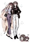  2girls ? ?? bang_dream! bang_dream!_it's_mygo!!!!! black_choker black_hair black_jacket black_shirt black_shoes blue_eyes blue_shirt blush brown_coat brown_hair choker coat coat_on_shoulders commentary grey_pants hanasakigawa_school_uniform hand_on_another's_arm hands_in_pockets highres jacket long_hair looking_at_viewer multiple_girls pants parted_lips purple_eyes school_uniform shiina_taki shirt shoes simple_background smile striped_clothes striped_shirt sunglasses tima white_background white_pants yahata_umiri yuri 