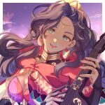  1girl absurdres bandeau black_bridal_gauntlets black_hair blush breasts bridal_gauntlets circlet cleavage cloak crescent crescent_earrings dark-skinned_female dark_skin earrings fire_emblem fire_emblem:_fortune's_weave gold_choker gold_earrings green_eyes guitar high_ponytail highres holding holding_guitar holding_instrument hood hooded_poncho instrument jewelry large_breasts leda_(fire_emblem) looking_at_viewer open_mouth ponytail purple_bandeau red_cloak red_poncho smile solo teeth upper_body upper_teeth_only vaniraaa wavy_hair 