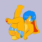  anthro balls blue_eyes blue_hair boxers_(clothing) bulge butt claralaine clothing cub fur hair jeffybunny legs_up male simple_background solo tongue tongue_out underwear yellow_fur young 