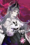  1girl alternate_costume arknights artist_name black_skirt capelet character_name cowboy_shot earrings gloves grey_eyes grey_gloves head_wings high-waist_skirt highres holding holding_lantern irene_(arknights) jewelry krab_(fumekrab) lantern long_hair long_skirt long_sleeves parted_lips partially_colored shirt skirt solo white_capelet white_shirt wings 