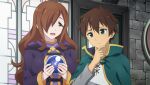  1boy 1girl :d ahoge ball brown_eyes brown_hair cape closed_mouth crystal_ball door dress gambeson game_asset green_cape green_eyes grey_shirt hair_over_one_eye hand_on_own_chin high_collar highres holding holding_ball hood hood_down hooded_robe indoors kono_subarashii_sekai_ni_shukufuku_wo! kono_subarashii_sekai_ni_shukufuku_wo!_kono_yokubukai_game_ni_shinpan_o! long_hair long_sleeves looking_at_another looking_down official_art open_mouth purple_dress purple_robe robe satou_kazuma shirt short_hair smile standing stone_wall stroking_own_chin thinking tunic upper_body variant_set_available wavy_hair white_tunic window wiz_(konosuba) 