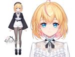 1girl ahoge belt bison_cangshu black_belt black_hat black_jacket black_nails black_shoes blonde_hair blue_eyes character_name closed_mouth clothing_request crescent cropped_jacket english_commentary floral_print frills full_body hat hoshi_fumiko hoshi_fumiko_(3rd_costume) indie_virtual_youtuber jacket looking_at_viewer multiple_views o-ring official_alternate_costume official_art pantyhose second-party_source shoes short_hair standing upper_body white_background wide_sleeves 