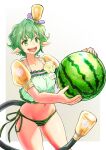  1girl absurdres bikini commentary_request food fruit green_eyes green_hair highres holding holding_food holding_fruit navel nemimin official_alternate_costume pandoria_(xenoblade) pointy_ears side-tie_bikini_bottom smile solo swimsuit tail watermelon xenoblade_chronicles_(series) xenoblade_chronicles_2 