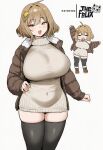  1girl :d ahoge ai-generated alternate_costume anis_(nikke) black_thighhighs breasts brown_eyes brown_hair brown_jacket chibi chibi_inset commentary covered_groin covered_navel cowboy_shot dress goddess_of_victory:_nikke hair_ornament highres jacket large_breasts looking_at_viewer microdress patreon_username ribbed_dress short_hair skindentation smile thefelix thighhighs turtleneck turtleneck_dress white_background zettai_ryouiki 