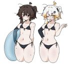 1girl ahoge artist_self-insert bags_under_eyes bare_shoulders bikini black_bikini black_eyes black_sleeves blonde_hair blush breasts brown_hair closed_mouth cropped_legs detached_ahoge detached_sleeves dual_persona front-tie_bikini_top front-tie_top hair_between_eyes hair_ornament hand_on_own_hip highres holding holding_swim_ring innertube kazu_(skkazu1) long_single_sidelock looking_at_viewer medium_hair messy_hair midriff multicolored_hair navel nervous_sweating one_eye_closed open_mouth original ponytail sharp_teeth side-tie_bikini_bottom simple_background single_detached_sleeve skkazu1 skull_hair_ornament small_breasts square_pupils sweat swim_ring swimsuit teeth two-tone_hair unkempt variations white_background white_hair 