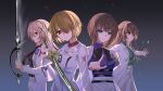  4girls absurdres aoi_erika aoi_erika_(connect_legacy) black_suit blonde_hair blue_eyes blue_shirt brown_eyes brown_hair commentary flower flower_request green_shirt heaven_burns_red highres holding holding_sword holding_weapon kayamori_ruka kayamori_ruka_(glorious_blades) kr_woyue long_hair looking_at_viewer looking_to_the_side multiple_girls ooshima_ichiko ooshima_ichiko_(guiding_light) open_clothes purple_eyes purple_flower red_eyes shirakawa_yuina shirakawa_yuina_(dusk_blooming_spica) shirt short_hair suit sword untranslatable_commentary weapon white_flower white_suit 