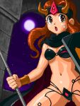  1girl artist_request bikini black_bikini black_cape black_headband bracer breasts brown_eyes brown_hair cape cleavage cowboy_shot fake_horns headband holding holding_polearm holding_shield holding_weapon horned_headwear horns indoors long_hair lowres medium_breasts mirienu_(monster_maker) monster_maker night o-ring o-ring_bikini oekaki open_mouth polearm red_cape second-party_source shield solo standing stomach strapless strapless_bikini sweatdrop swimsuit two-sided_cape two-sided_fabric weapon window 