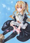  1girl absurdres alternate_costume apron black_dress black_thighhighs blonde_hair blue_background clothes_lift commentary_request dress dress_lift dutch_angle enmaided food frilled_apron frilled_sleeves frills full_body hair_intakes hair_spread_out highres juliet_sleeves konjiki_no_yami lifting_own_clothes light_blush lips long_hair long_sleeves looking_at_viewer maid maid_apron maid_headdress marker_(medium) outstretched_legs panties parted_lips puffy_sleeves red_eyes rozarin sample_watermark shoe_soles simple_background sitting solo star_(symbol) striped_clothes striped_panties taiyaki thighhighs to_love-ru traditional_media two_side_up underwear very_long_hair wagashi watermark white_apron 