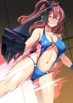  1girl absurdres ass_visible_through_thighs blue_eyes blue_one-piece_swimsuit breasts brown_hair commentary_request commission explosion gun gundam headphones headset high_side_ponytail highres impending_doom kantai_collection large_breasts neneka_nibrou o-ring o-ring_one-piece_swimsuit one-piece_swimsuit pixiv_commission ponytail saratoga_(kancolle) side_ponytail smokestack_hair_ornament solo swimsuit tirasi_(so) victory_gundam weapon 