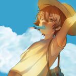  1boy absurdres alternate_costume arm_up bag bright_pupils brown_hair cloud commentary day food hat highres hilbert_(pokemon) male_focus meromelloido mouth_hold outdoors pokemon pokemon_black_and_white popsicle shirt short_hair short_sleeves sky solo t-shirt upper_body 