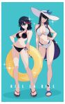  2girls absurdres aqua_background bikini black_bikini black_hair blue_eyes breasts copyright_name feet flip-flops full_body hand_on_own_hip hat highres holding holding_swim_ring kill_la_kill kiryuuin_satsuki legs long_hair matoi_ryuuko multicolored_hair multiple_girls omotxy red_streaks sandals short_hair siblings sisters smile streaked_hair sun_hat swim_ring swimsuit thick_eyebrows toenails toes white_bikini 