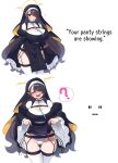  1girl ? black_dress black_hair blue_archive breasts closed_mouth clothes_lift commentary dress english_text hair_over_one_eye halo highres hinata_(blue_archive) large_breasts leotard lifting_own_clothes long_hair long_sleeves meme moonjunk open_mouth pelvic_curtain pelvic_curtain_lift red_eyes smile spoken_question_mark thighhighs white_background white_leotard white_thighhighs wide_sleeves yellow_halo your_bra_strap_is_showing_(meme) 