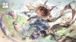 1girl above-cleavage_cutout arknights arknights:_endfield black_boots black_gloves black_hair blue_horns blue_jacket blue_tail boots breasts brown_eyes chen_qianyu_(arknights) chinese_commentary clothing_cutout commentary_request copyright_logo copyright_notice cropped_jacket dragon_girl dragon_horns dragon_tail dual_wielding dynamic_pose eastern_dragon_horns eastern_dragon_tail floating_hair gloves highres holding holding_sword holding_weapon horns jacket knee_boots logo long_hair looking_at_viewer mandarin_collar medium_breasts miniskirt official_art open_mouth outdoors pankou pleated_skirt shiling skirt solo sword tail twintails weapon white_skirt 