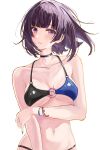  absurdres bikini black_choker black_nails blunt_bangs blush bracelet breasts choker collarbone commentary_request eyelashes fingernails hair_intakes hand_on_own_arm highres idolmaster idolmaster_shiny_colors jewelry mayuzumi_fuyuko medium_breasts multicolored_bikini multiple_bracelets nail_polish navel o-ring o-ring_bikini o-ring_top open_mouth outline purple_eyes purple_hair short_hair stomach swimsuit two-tone_bikini upper_body yamanade38 yellow_outline 