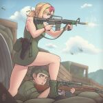  1boy 1girl absurdres aiming aircraft artist_name assault_rifle bandaged_arm bandages bandana bare_shoulders battle_rifle blonde_hair blue_eyes blue_sky blurry blurry_background boots bracelet breasts brown_boots brown_eyes brown_hair canteen cloud colt_commando combat_boots commentary dirty dress english_commentary eyewear_on_head finger_on_trigger fingernails firing foregrip from_side green-tinted_eyewear green_dress green_jacket gun gun_sling handgun helicopter highres holster jacket jewelry legs localspaghetto looking_up m14 m1911 macv-sog magazine_(weapon) medium_breasts medium_hair military motion_blur muzzle_flash open_mouth original outdoors pearl_bracelet pervert ponytail rifle sandbag scar scar_on_arm scope shell_casing short_hair signature sky sleeves_rolled_up smoke soldier teeth thighs tinted_eyewear uh-1_iroquois upper_teeth_only vertical_foregrip vietnam_war war weapon 