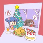  1girl :d animal beamed_eighth_notes blue_hair cake chibi christmas christmas_cake christmas_ornaments christmas_tree commentary_request cup drink drinking_glass food fork hair_ornament heart holding holding_fork holding_knife indoors kabiinyo_(kab) knife musical_note original pink_shirt plate print_shirt shirt smile solo spoken_heart spoken_musical_note star_(symbol) star_hair_ornament turkey_(bird) turkey_(food) twintails window 
