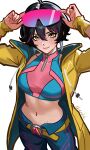  1girl absurdres adjusting_eyewear belt black_hair blue_pants blush breasts closed_mouth coat collarbone commentary crop_top earrings eyewear_on_head highres ierdid jacket jewelry jubilee lightning_bolt_earrings lightning_bolt_symbol looking_at_viewer marvel marvel_rivals medium_breasts navel opaque_sunglasses pants pink-tinted_eyewear shirt short_hair simple_background smile solo sunglasses superhero_costume tinted_eyewear white_background x-men x-uniform yellow_coat yellow_jacket 