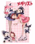  2girls absurdres bare_shoulders black_hair black_pantyhose brown_hair child crossover dress elbow_gloves figure_skating_dress finger_heart full_body gloves grin highres holding_hands ice_skates javi_(hikainofan) kamisaki_hikaru kuromi long_hair looking_at_viewer medalist_(manga) multiple_girls my_melody my_melody_(series) pantyhose pink_dress ponytail purple_dress sanrio shoes short_hair skates smile twitter_username v white_shoes yuitsuka_inori 