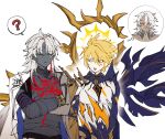  3boys :< ahoge armor asymmetrical_wings bandaged_chest belt blade_(honkai:_star_rail) blonde_hair blue_jacket bodysuit bracelet braid brown_belt chinese_clothes closed_eyes closed_mouth colored_skin cracked_skin crossed_arms dark-skinned_male dark_skin detached_collar earrings gauntlets gold_bracelet grey_skin hair_between_eyes halo halo_behind_head highres honkai:_star_rail honkai_(series) jacket jewelry lapels long_hair long_hair_between_eyes long_sleeves looking_at_another male_focus mortenax_blade_(honkai:_star_rail) multiple_boys nanook_(honkai:_star_rail) open_clothes open_jacket pauldrons phainon_(honkai:_star_rail) phainon_(khaslana)_(honkai:_star_rail) purple_bodysuit sakae_0_0 scar scar_on_face short_hair shoulder_armor sidelocks simple_background single_earring single_gauntlet single_pauldron speech_bubble spoken_character standing sweat tassel tassel_earrings teeth thought_bubble twin_braids two-sided_fabric two-sided_jacket upper_body v-shaped_eyebrows white_background white_hair white_jacket wings yellow_eyes yellow_halo 