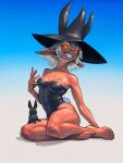  1girl barefoot black_rabbit_(animal) blue_background breasts cleavage commentary english_commentary full_body glowing glowing_eyes gradient_background hair_between_eyes hand_up hat highres invisible_floor linea_alba looking_at_viewer medium_breasts medium_hair mole mole_under_eye on_floor original playboy_bunny pointy_ears rabbit rabbit_tail smile solo tail tan teeth wampyrekeli white_background white_hair witch_hat yellow_eyes 
