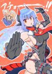  ! !! 1boy 1girl ahoge android black_gloves blue_hair breasts commentary_request covered_navel fighting_stance gloves headgear highres joints large_breasts nemimin nopon open_mouth outline poppi_(xenoblade) poppi_qtpi_(xenoblade) red_scarf robot_joints scarf sideboob tora_(xenoblade_2) translation_request v-shaped_eyebrows white_outline wide-eyed xenoblade_chronicles_(series) xenoblade_chronicles_2 