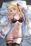  1girl ahoge black_bra black_thighhighs blonde_hair blush bra breasts commentary_request female_pubic_hair flying_sweatdrops hair_ornament head_on_pillow highres hololive hololive_dev_is jacket long_hair looking_at_viewer lying momi_chan musical_note musical_note_hair_ornament navel on_back open_clothes open_jacket otonose_kanade otonose_kanade_(1st_costume) panties panty_pull pillow pubic_hair solo thigh_strap thighhighs underwear virtual_youtuber white_jacket 